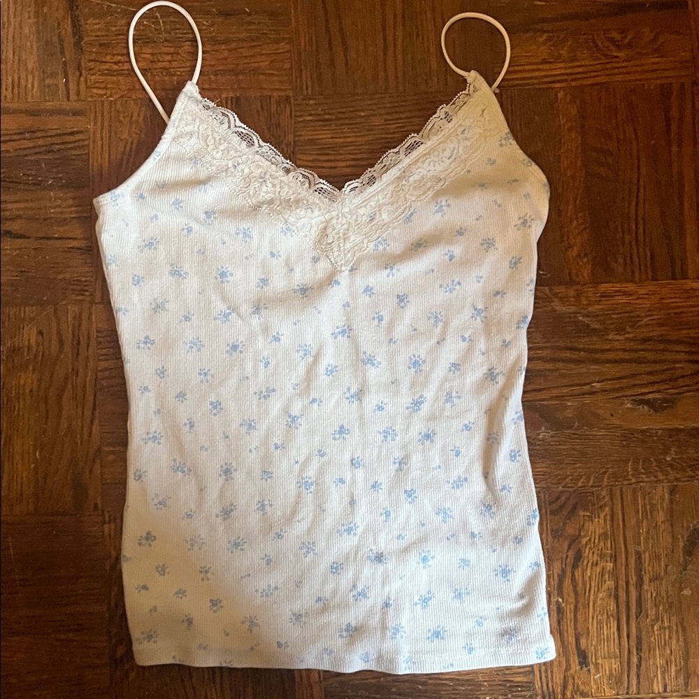 Hollister Lace Trim Cami Top in White and Blue